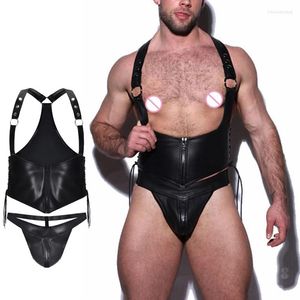 Erkeklerin izleri erkekler seksi deri punk clubwear vücut göğüs tanga seti kablo demeti ön fermuar egzotik giyim sahne gece kulübü kostümleri