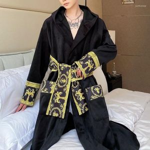 Siyah Altın Paisley Kadife Robe Pijama Giyim Lüks Kış Erkekler Uzun Gecelik Kapşonlu Sıcak Bornoz
