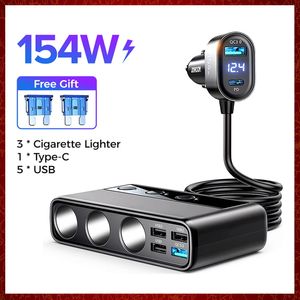 CC302 154W 9 in 1 Car Charger Adapter PD 3 Socket Cigarette Lighter Splitter Charge Independent Switches DC Cigarette Outlet