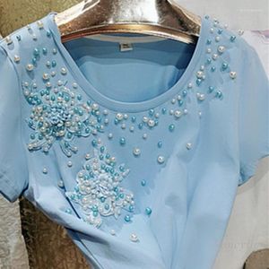 Kadın Tişörtleri Kore tarzı ağır sanayi boncuklar inci üç boyutlu dantel çiçek peri sosyalit pamuk tişört kadınlar için mavi tee üst