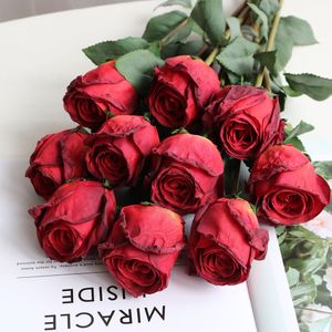 Flores artificiais Single Stem Rose Rose Centerpiece Flower Touch Real Rose com borda queimada