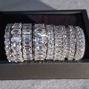 Lüks Tasarımcı 925 Sterling Gümüş Kristal Bant Yüzük Prenses Kes Beyaz Kübik Zirkon Elmas Asla Klasik Promise Düğün Gelin Yüzüğü Top Satış Mücevherat