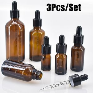 3Pcs/Set Dropper Bottles with Scale 5ml-100ml Reagent Eye Drop Amber Glass Aromatherapy Oils Liquid Perfume Pipette Bottle Refillable Bottles for Travel