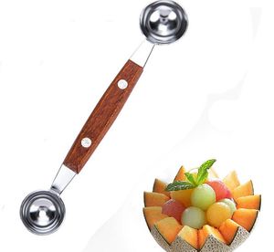 Kreative Fruchtschnitzerei Doppelkopf-Wassermelonen-Kugelausstecher Eiscreme-Grabkugelschaufel Melonenlöffel mit Holzgriff Großhandel