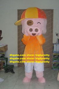 Lebhaftes rosafarbenes McDull-Schwein-Maskottchen-Kostüm, Maskottchen-Schweinefleisch, Schweinchen, Schweinchen mit großem Nasenloch, orangefarbenes Hemd Nr. 3653, versandkostenfrei