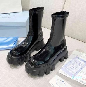 TOPS Designers Monolith Chelsea Boots Rois Kadın Patent Deri Platformu Boot Black Pull-On Chunky Combat Potes Kutusu