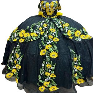 Ayçiçeği Floral Quinceanera Elbiseleri 2023 artı boyutu balo elbisesi Masquerade Prenses Kız Glitter Long Sweet 16 Balo 15 yıl boyunca omuz dışı ayva 15 Siyah/Sarı