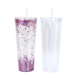 24 oz çift duvarlı kar küre akrilik tumbler düz kapaklı saman temiz plastik içme içecek bardağı parıltı doldurmak için delikli