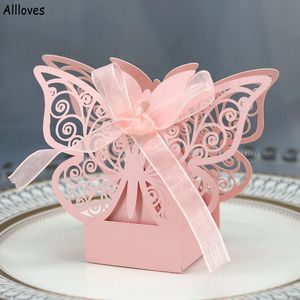 Butterfly Hollow Cut Candy Favor Tutucular Parti Düğün Düğün Diy Pembe Beyaz 50 PCS/Lot Hediye Kutuları Kağıt Torbalar Depolama Ambalaj Personiled AL8464