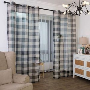Curtain Retro Deco Home Geometric Check Style Sheer Window Curtains Pencil Pleat Grommet Top For Living Bedroom