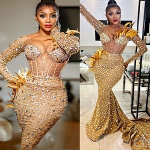 Arabic Aso Ebi Mermaid Gold Prom Dresses 2023 Beaded Crystals Feather Evening Formal Party Second Reception Birthday Engagement Gowns Dress