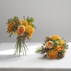 Dekoratif çiçek simülasyonu gül buket ev dekorasyon aksesuarları tablo çiçek düğün gelin el yapay ipek gülleri