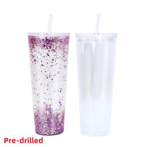 Pre-drilled 24oz Acrylic Tumblers with lid and Straws Snow Globe Tumbler Double Wall Clear Plastic Tumblers with hole and plug for DIY
