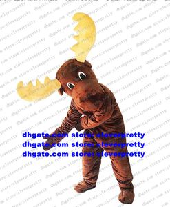 Kahverengi Moose Elk Wapiti Boynuzlu Geyik Maskot Kostümü Yetişkin Karikatür Karakter Kıyafet Takım Diralet Broşürü Canlı Dressed ZZ7562