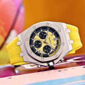 Нарученные часы модные кварцевые часы для мужчин Желтый силиконовый ремешок хронограф наблюдает за военной спортивной датой водонепроницаемой 24 -часовой индикатор 221111