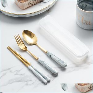 Flatware Sets Marble Ceramic Handle Cutlery Set Portable Chopsticks Fork Spoon Stainless Steel Golden Dinnerware Kitchen Drop Delive Dhfcx