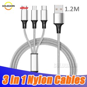 3'ü 1 Arada Naylon Şarj Kabloları 1.2M Mikro Usb Tip C Perakende Paketi Olmadan Huawei Samsung İçin Hızlı Örgülü Şarj Kablosu