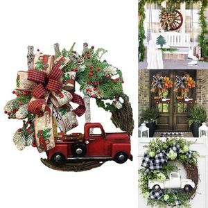 Dekoratif çiçekler Noel dekorasyon çelenk kamyon yaylar çelenk kapı asılı ev numarası Noel kırmızı araba navidad yapay bitki ev
