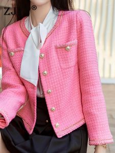 Женские куртки Zjyt Luxury Designer Winter Tweed for Women 2022 Мода полный рукав o Шерстяная смеси шерсть Элегантная верхняя одежда розовая