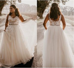 Artı Boyutu A-Line Gelinlik Backless Gelin Kıyafeti robe de soiree de mariage Dantel Aplikler Kemer vestidos de novia Basit