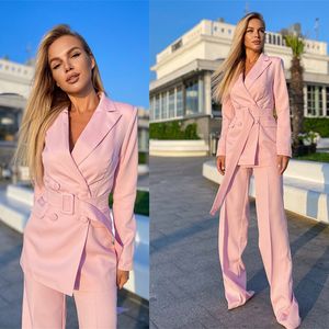 2 Pcs Lady Business Suits Elegant Long Sleeve With Belt Double Breasted Solid Color High Waist Blazer Pants Suit
