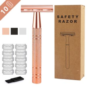 HAWARD Rose Gold Safety Razor with 10 Blades - Classic Double Edge for Men and Women, Manual Shaver for Hair Removal