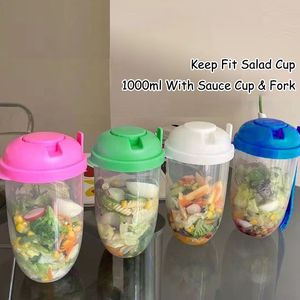 Öğle Yemeği İçin Kapaklı Plastik Salata Bardakları Şişe Şeklinde Çatal Sos Kabı ile Salata Kabı