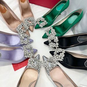 Kadınlar Elbise Ayakkabı Yüksek Topuklu Sandals Tasarımcı Lüks Satin Rhineau Sivri Çiçek Patent Siyah Deri Siyah Gümüş Çıplak Yeşil Mor Resmi Düğün Ayakkabı 8.5cm 35-40
