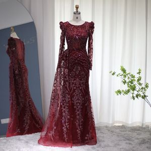 Parti Elbiseleri Lüks Dubai Burgundy Denizkızı Müslüman Gece Elbise Overkirt ile Uzun Kollu Kahverengi Arapça Artı Beden Kadın Düğün Resmi Elbise 221116