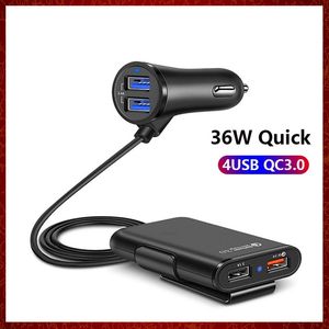 36W Hızlı Şarj 3.0 USB Araç Şarj Cihazı Uzatma Kablo Kablosu Araç 4USB ŞARKILARI QC3.0 5V 8A Yolcu Beyaz Siyah Arka Araba Şarj Şarjı Otomotiv Elektroniği Ücretsiz Gemi