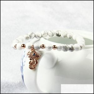 Bracelets de charme jóias por atacado Oceano Charm de cavalo marinho CLET CLE com 6mm de miçangas de pedra de mármore branco de 6 mm