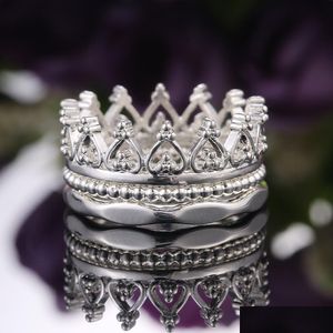 Bant Yüzükleri Sier Crown Ring 3 In1 Söndürülebilir Knuckle Halkalar Band Kadın Moda Takı Hediye Damlası Teslimat DHXPV