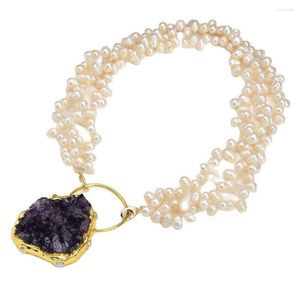 Подвесные ожерелья Guaiguai Ювелирные изделия 3 ряда белый рисовый жемчужный ожерелье из фиолетового аметиста кварц 24k золотой мода для женщин