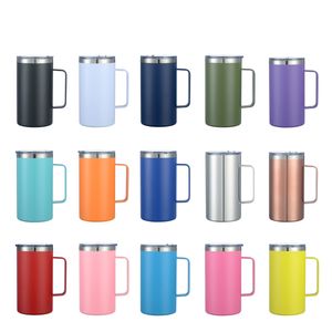 24 oz paslanmaz çelik ofis kahve kupaları saplı kapak ile tumbler çift duvarlı yalıtımlı vakum çay bardağı açık kamp seyahat kupa 15 renk