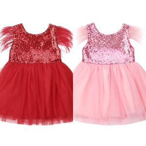 Noel çocuk kırmızı elbise kız yürümeye başlayan çocuk kız bebek payetler prenses tutu elbise tüyleri kol parti düğün elbisesi q1223