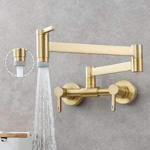 Acessório de banho Conjunto de preenchimento de panela torneira de cozinha dobrável montada na parede e pia de um orifício único frio giro bico escovado de latão de ouro escovado