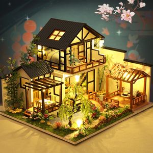 Doll House Accessories Cutebee DIY house Miniature Diy Wooden Ancient Style Building Kit with Furniture Toys for Children Birthday Gifts 221122
