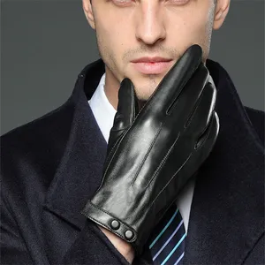 Зимние мужские кожаные перчатки матовые меховые варежки пять пальцев черные с тегом оптом