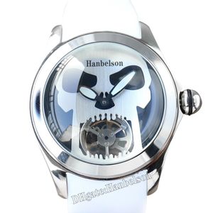 Tourbillon Mens Saat iskeleti Otomatik Hareket Kar Beyazı Kauçuk Kayış Balık gözü Cam Şeffaf Alt Kapak 46mm Kol saati