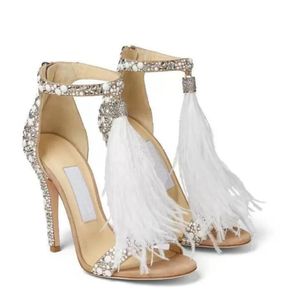 Sand￡lias de luxo de ver￣o Redonda de cristal de cinto de cabe￧a redonda enfeite sapatos de salto alto penas perel p￩rola bomba de moda feminina de moda perfeita casamento eu35-42