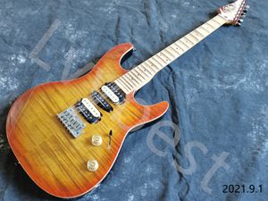 Elektro Gitar 6 String Cıvatası Birleştirilmiş Akçaağaç Boyun Tarak Klavye Noktaları İçme HSH PICKUPS Kahverengi Patlama Alev Üstü