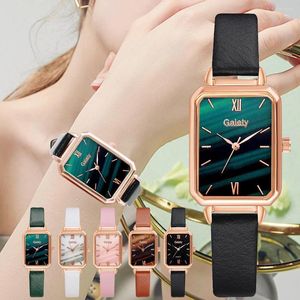 Нарученные часы Top Quartz Watches for Women Fashion Square Ladies Watch Bracelet Green Dial Simple Rose Gold Кожаные наручные часы.