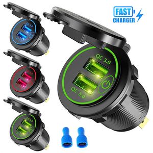 Quick Charge 3.0 Dual USB Fast Car Charger Socket Accessories Waterproof 12V/24V PD QC3.0 Power Outlet with Switch Led Light