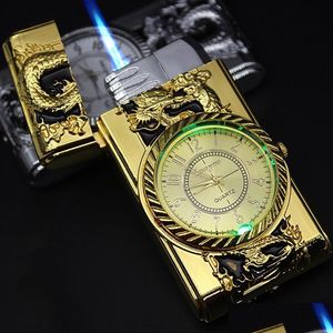 Lighters Luxury Gold Watch Jet Lighter Flashlight Turbo Gas Windproof Cigar Metal Led Inflated Gasoline Butane366I Drop Delivery Hom Dhgqw