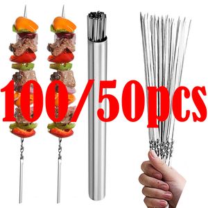 BBQ Tools Accessories 100/50pc Stainless Steel Skewer Flat Barbecue Needle Stick Garden Outdoor Camping bbq Grill Gadgets 221128