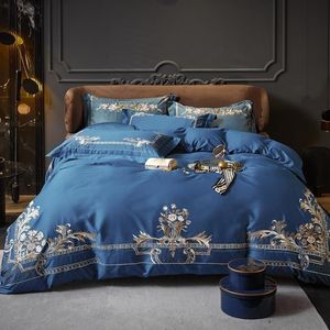 Yatak takımları mavi yeşil zarif çiçek işlemeli nevresim nevresim lüks Mısır pamuk yatak seti çifte kraliçe kral yatak sayfası yastık 221129