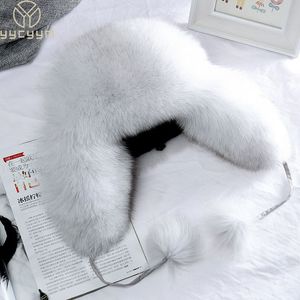 Trapper Hats 100% Real Fur Womens Russian Ushanka Snow Skiing Caps Earflap Winter Raccoon Bomber 221129