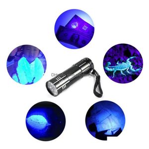 Gece Işıkları Mini UV LED El Feneri Violet Light 9led Meşale Lamba Pil Traviolet Antifake Para Dedektörü İdrar Scorpion Dhybk