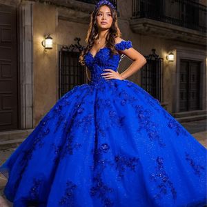 Королевские синие платья Quinceanera для милых 15-летних выпускных платьев с открытыми плечами, расшитое блестками, 3D-цветочное платье для дня рождения