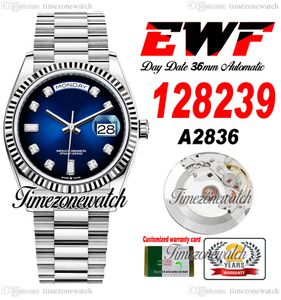 EWF DayDate 36mm 128239 A2836 Orologio automatico da uomo Eta D-Blue Quadrante Diamanti Marcatori OysterSteel Bracciale Stessa scheda seriale Super Edition Timezonewatch F6
